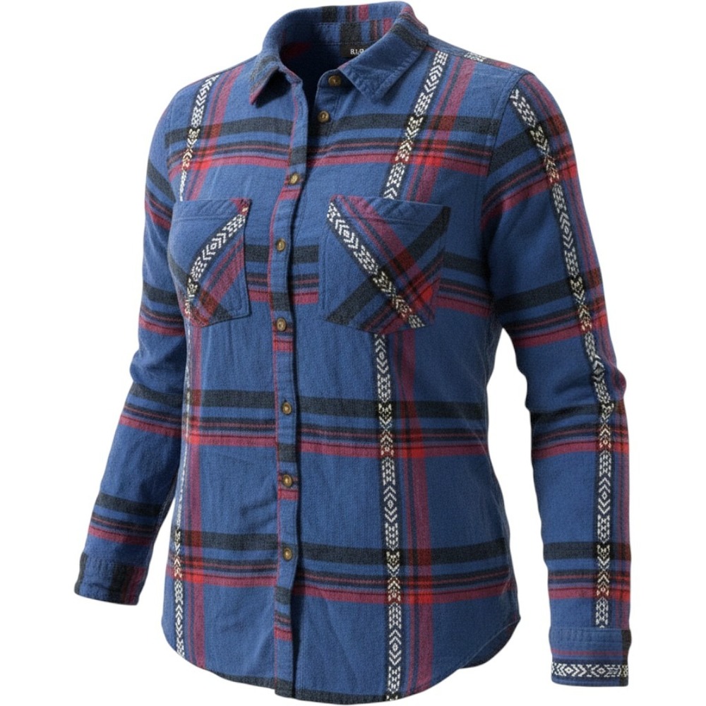 BDG Blue Plaid Southwest Aztec Trim Flannel Shirt Top Womens Small Western Cabin